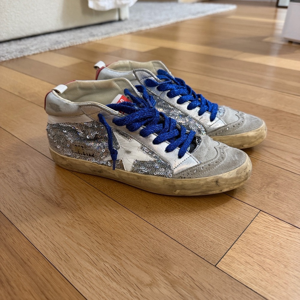Golden Goose Silver Sequin Sneakers with Blue Laces - Picture 2 of 11